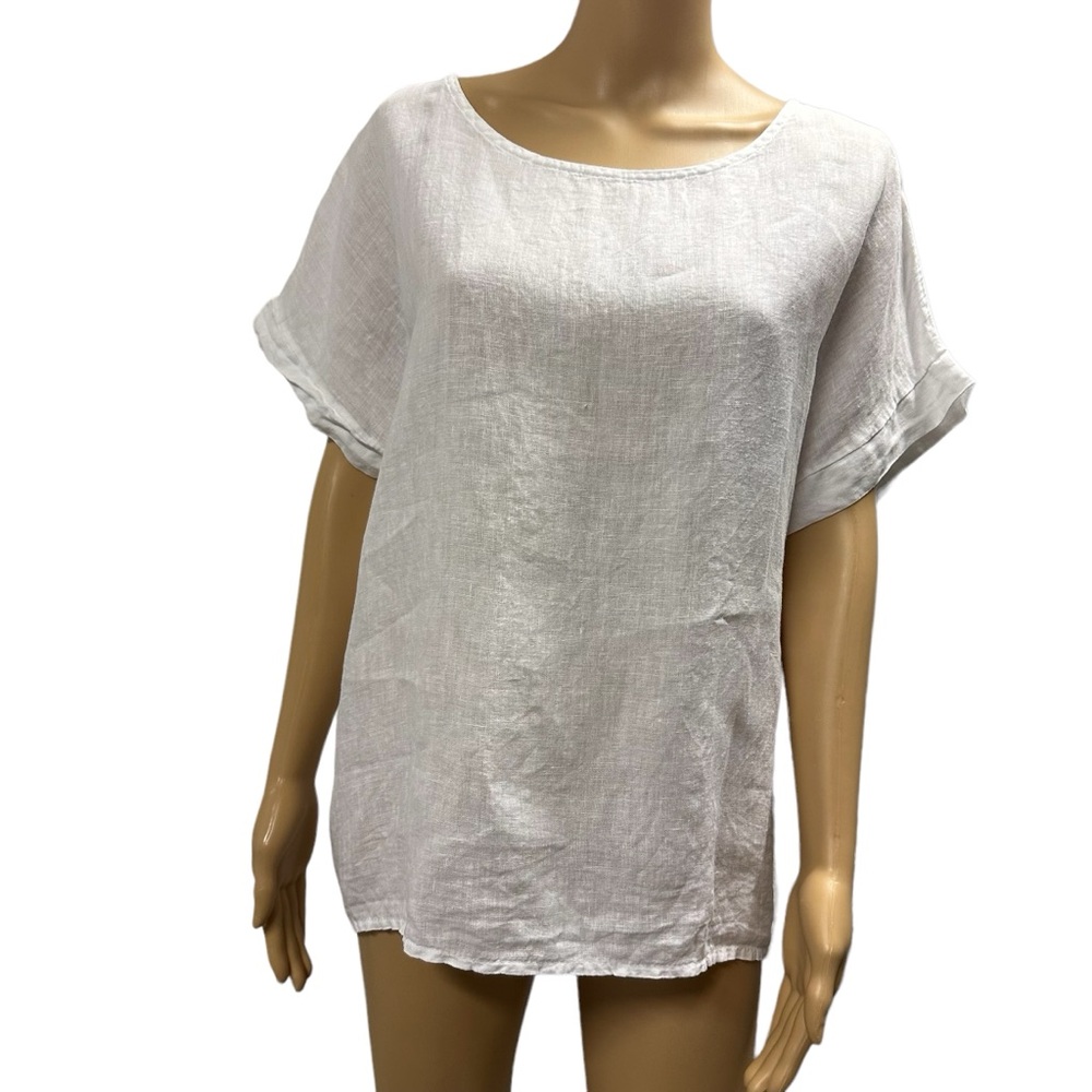 Linen Terzo Millenio White Made in Italy Short Sleeve Crochet Back Blouse Top L
